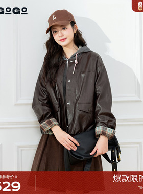 LAGOGO潮酷机车风连帽外套女拉谷谷2025冬新款PU皮上衣ODRR159D67
