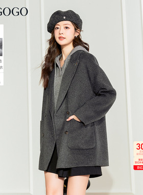 100%绵羊毛LAGOGO雾岛闲行灰色双面呢大衣拉谷谷2025冬新款外套