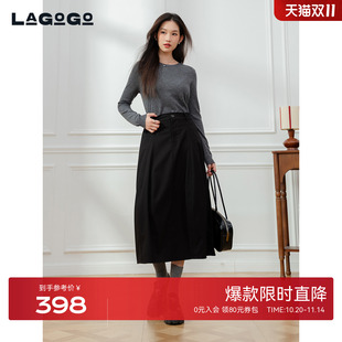 LAGOGO黑色高腰气质半身裙女拉谷谷2025冬新款 通勤裙子OCBB339A33