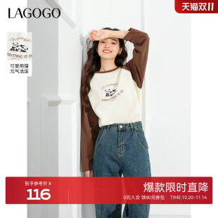 减龄三熊开怀长袖 女拉谷谷春秋新款 上衣 T恤衫 LAGOGO撞色插肩袖