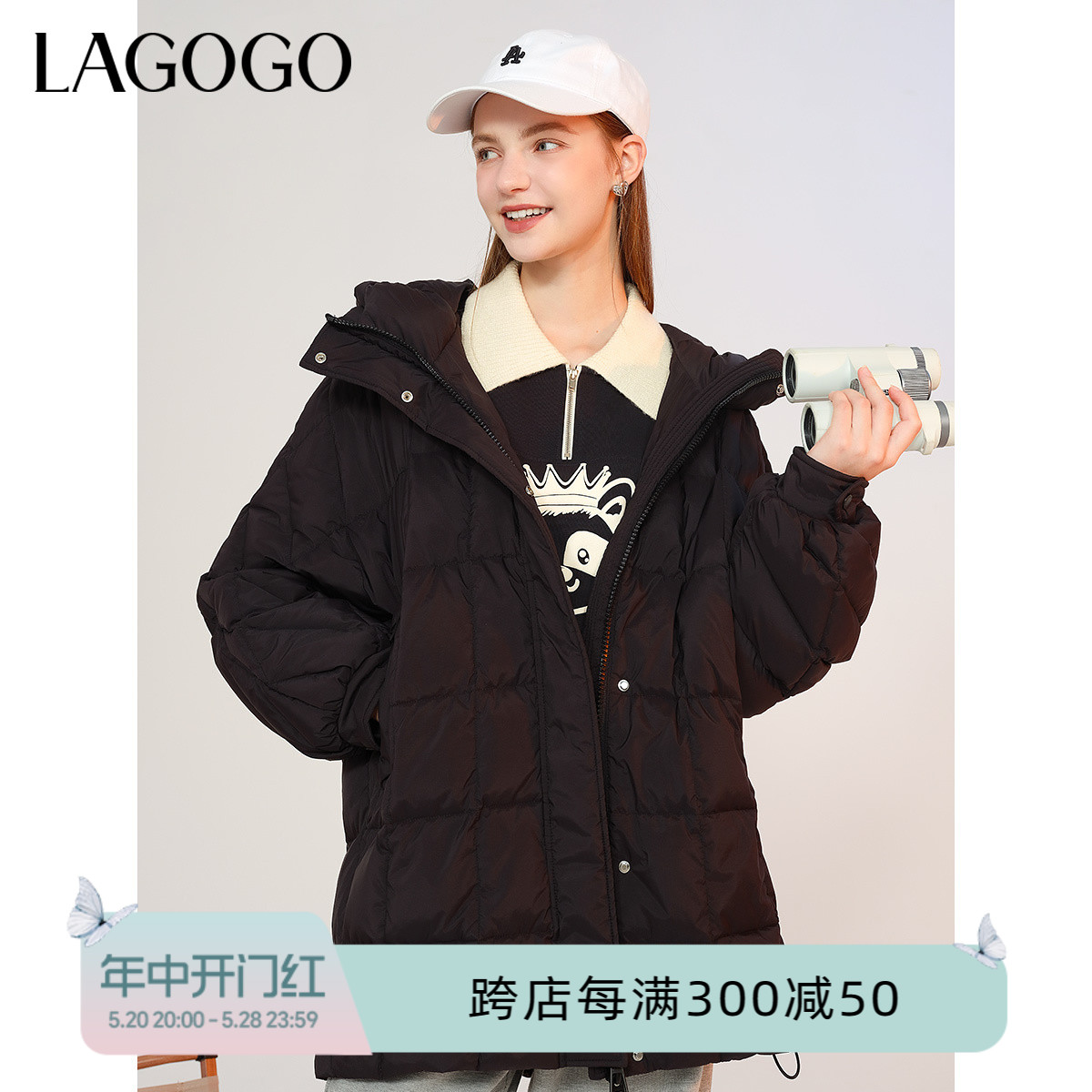 Lagogo拉谷谷2023年冬季新款黑色加厚连帽鸭绒羽绒服外套女中长款