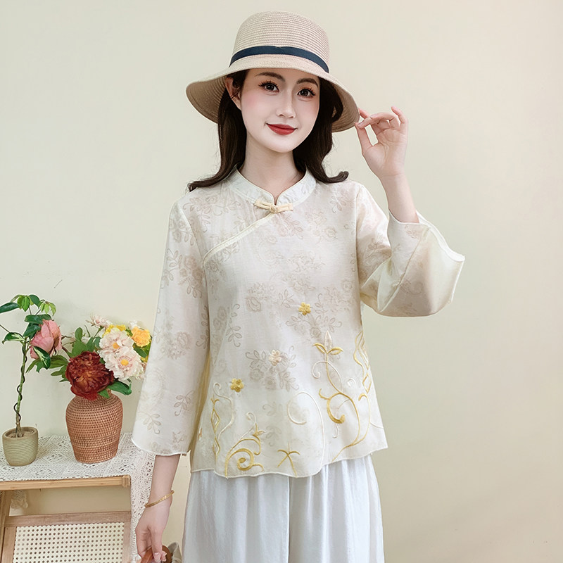 新中式米白色刺绣衬衫女夏季提花盘扣七分袖国风禅意茶服妈妈装