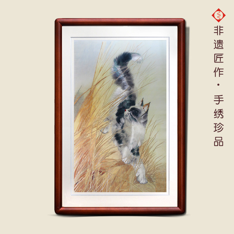 有福湘绣苏绣招财猫狗书房装饰画三只小猫客厅过道挂画湖南特产图片