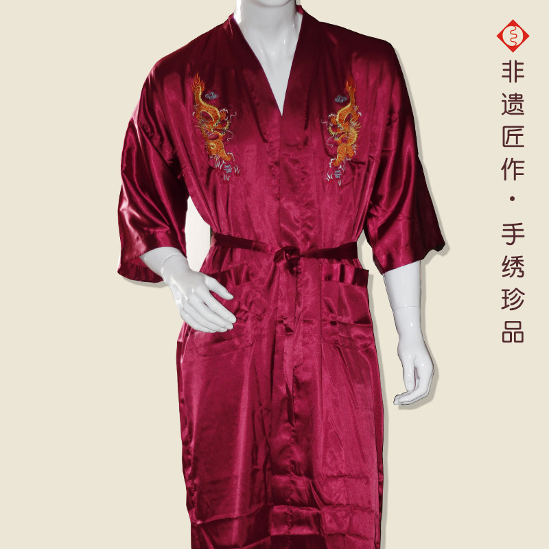 有福湘绣苏绣蜀绣粤绣男士睡衣龙图腾个性宽松睡袍真丝桑蚕丝绸缎