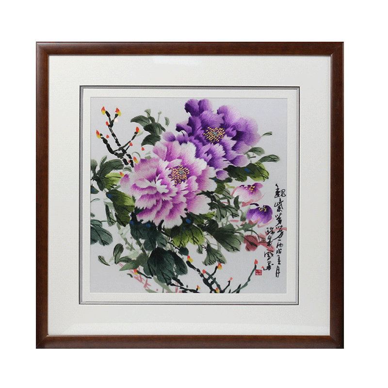 有福湘绣苏绣玄关书房精品装饰画刺绣挂画牡丹荣华富贵湖南特产