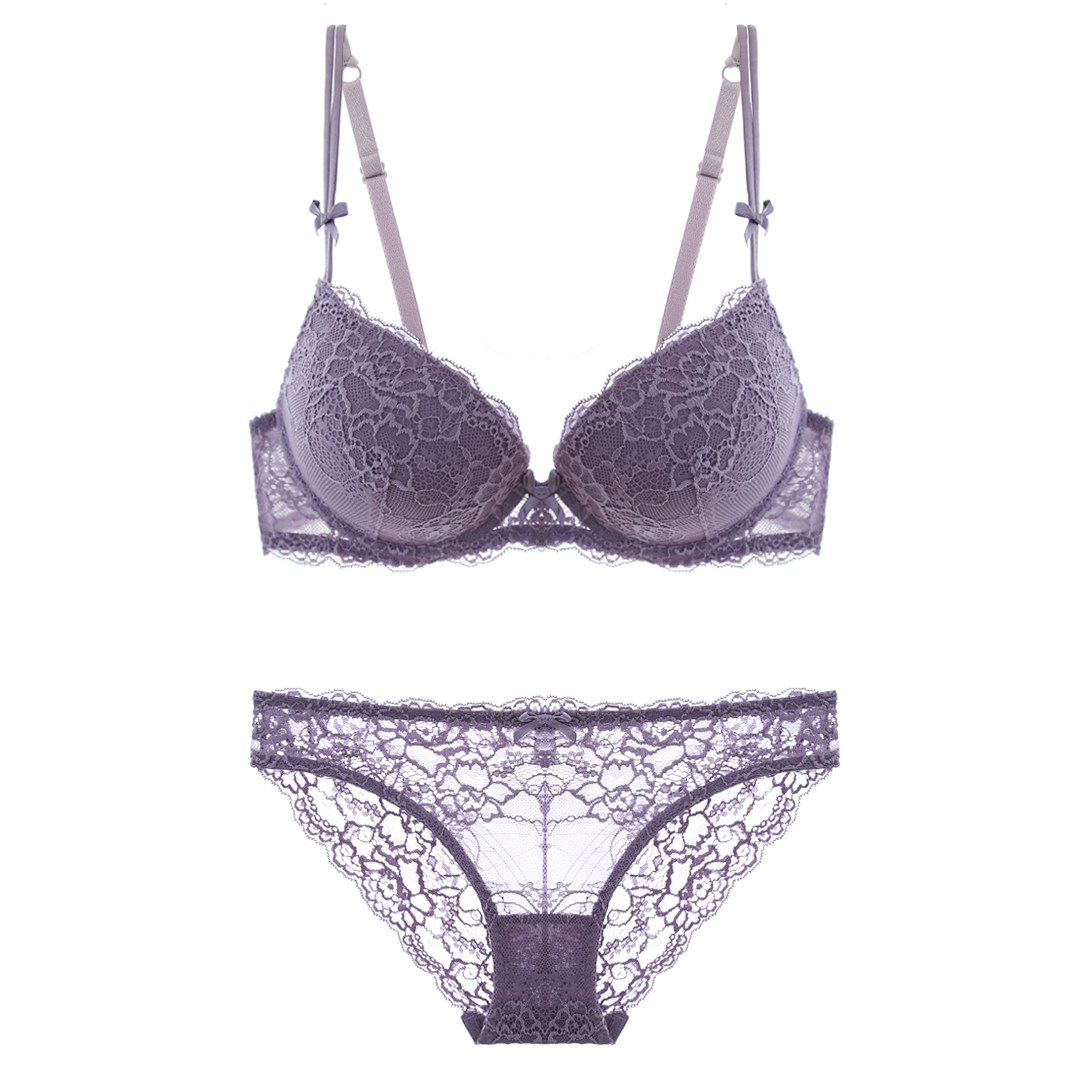 欧美性感蕾丝花边上薄下厚聚拢文胸套装深v双细肩带加厚女内衣