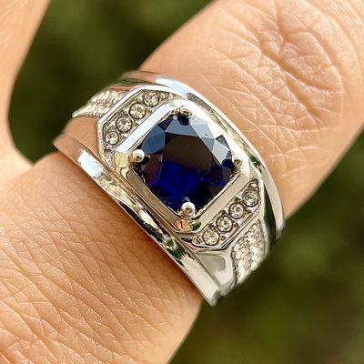 不掉色钛钢戒指男士霸气满天星镶嵌蓝红宝石食指宽大戒子高级时尚