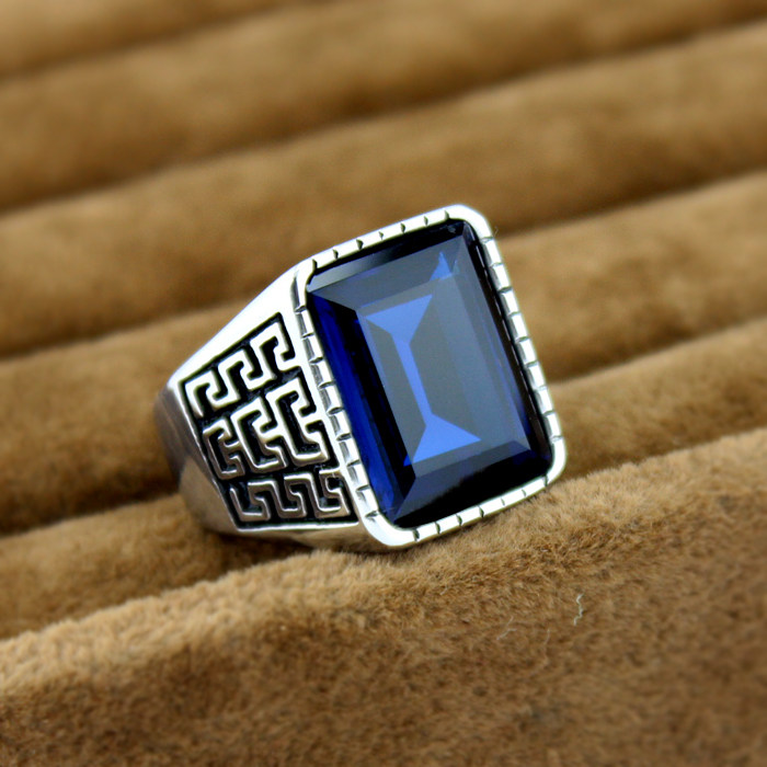 不褪色欧美复古霸气男士大戒指钛钢宝石食指环扳指男包邮刻字