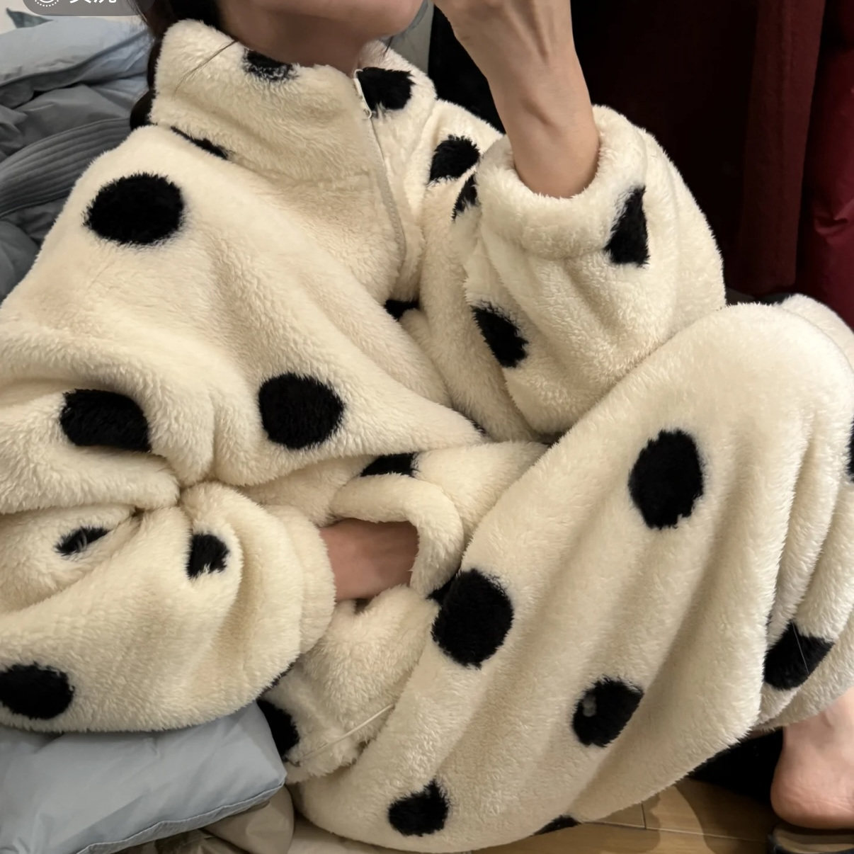 睡衣女士大码长袖韩版可爱慵懒毛毛家居服冬季拉链立领网红睡衣