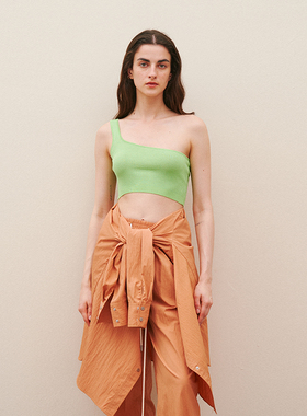 CUISUYUN独立设计师夏豆绿色天丝纳米丝单肩短款毛织背心