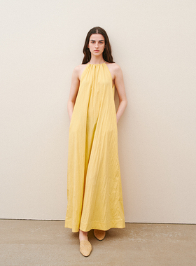 CUISUYUN独立设计师夏季奶黄色沙滩挂脖吊带长款连衣裙旅游度假
