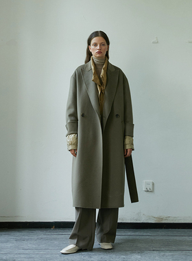 CUISUYUN独立设计师灰绿色高级感羊羔毛驼绒双面呢直筒廓形长大衣