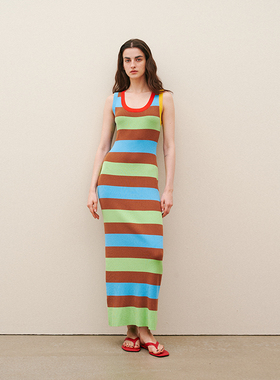 CUISUYUN独立设计师夏彩色条纹长款无袖收腰修身背心连衣裙长裙