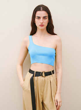 CUISUYUN独立设计师夏蓝色天丝纳米丝时尚斜肩单肩短款针织背心