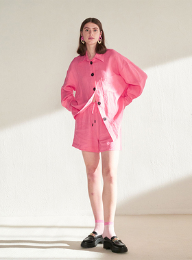 CUISUYUN新款小众设计师玫粉色甜辣亚麻衬衫套装短裤多巴胺