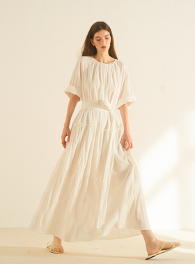 CUISUYUN夏季独立设计师白色不规则条纹提花圆领短袖大摆连衣裙