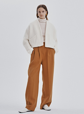 CUISUYUN冬季独立设计师白色羊毛圈圈毛呢v领短款廓形外套