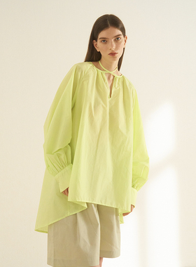 CUISUYUN独立设计师夏网球绿插肩袖宽松衬衫上衣V领设计感