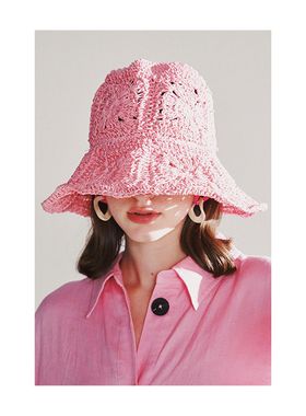 CUISUYUN独立设计师樱花粉色环保纸草纯手工编织渔夫帽防晒