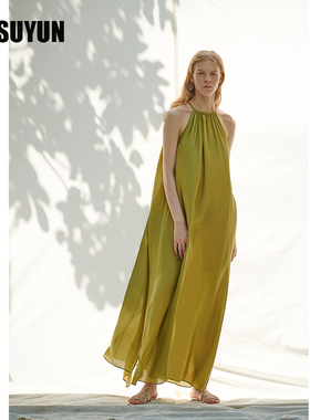 CUISUYUN夏季独立设计师青绿色削肩挂脖长连衣裙度假长裙