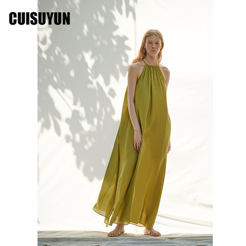 CUISUYUN夏季独立设计师青绿色削肩挂脖长连衣裙度假长裙