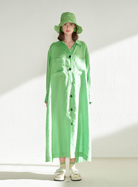CUISUYUN独立设计师极光绿色纽扣装饰亚麻长袖宽松衬衫长裙