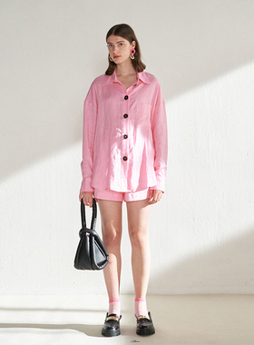 CUISUYUN独立设计师樱花粉宽松亚麻衬衫时尚套装短裤女装