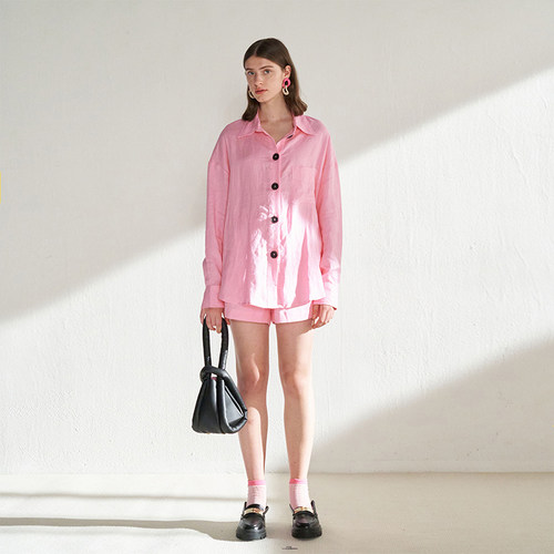 CUISUYUN独立设计师樱花粉宽松亚麻衬衫时尚套装短裤女装