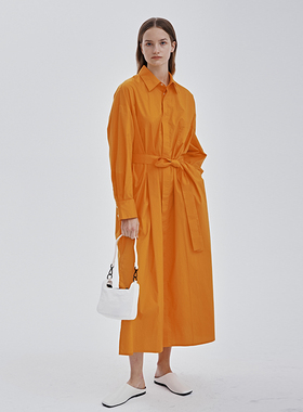 CUISUYUN独立设计师柑橘色高密棉长袖廓形系腰带长款连衣裙