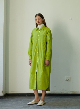 CUISUYUN独立设计师牛油果绿夹棉长款衬衫裙衬衫外套