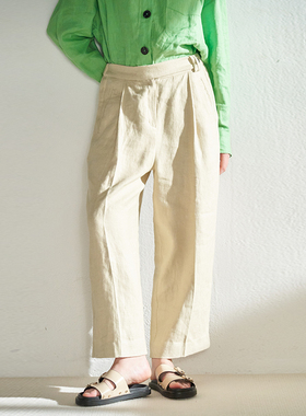 CUISUYUN独立设计师卡其色重磅亚麻松紧腰宽松休闲阔腿九分裤