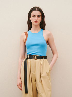 CUISUYUN独立设计师夏季蓝色天丝纳米丝削肩内搭外穿针织背心女