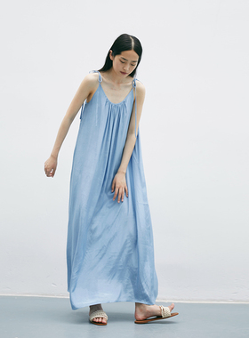 CUISUYUN21夏独立设计师雾蓝色丝质气质吊带长裙旅游度假连衣裙