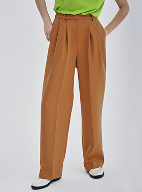 CUISUYUN冬季独立设计师棕色天丝羊毛斜纹呢高腰松紧腰阔腿裤