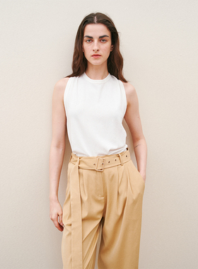 CUISUYUN独立设计师夏季白色棉质圆领后背扭结设计削肩背心上衣