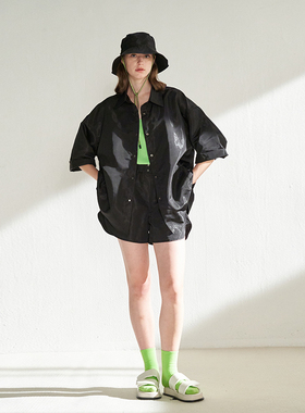 CUISUYUN独立设计师户外系列亮黑色光泽感衬衫式廓形外套套装