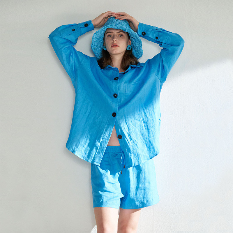 CUISUYUN独立设计师湖蓝色纽扣装饰亚麻长袖宽松衬衫套装,女装/女士精品,衬衫,淘宝优惠券,粉丝福利购,淘宝优惠卷