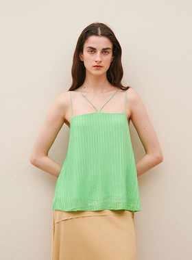 CUISUYUN夏季豆蔻绿真丝压褶工艺交叉设计吊带上衣