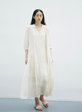 CUISUYUN独立设计师v领中袖高腰宽松显瘦飘逸剪花度假长裙