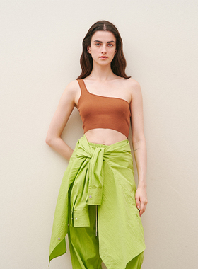 CUISUYUN独立设计师夏棕色天丝纳米丝单肩内搭时尚针织短款背心