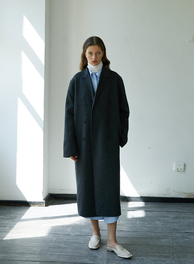 CUISUYUN独立设计师深灰色羊毛全手工双面呢长款直筒简约大衣