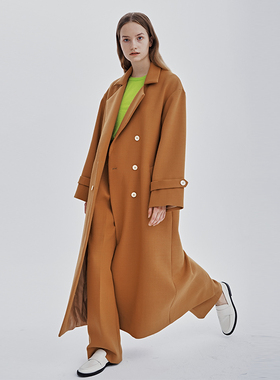 CUISUYUN冬季独立设计师棕色天丝羊毛斜纹毛呢中长款直筒廓形大衣