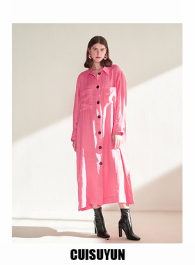 CUISUYUN独立设计师春夏季新款亚麻衬衫连衣裙玫红色度假小众
