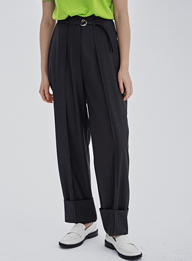 CUISUYUN独立设计师深灰色高腰休闲宽松直筒翻脚边西装裤