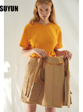CUISUYUN夏季独立设计师暖橙色纯棉圆领宽松口袋装饰T恤百搭