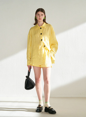 CUISUYUN独立设计师明黄色纽扣装饰亚麻长袖宽松百搭衬衫套装