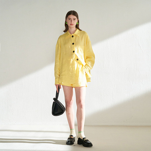 套装 宽松百搭衬衫 饰亚麻长袖 CUISUYUN独立设计师明黄色纽扣装