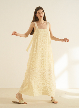 CUISUYUN夏独立设计师奶酪黄格纹提花独特织带飘带清新吊带长裙