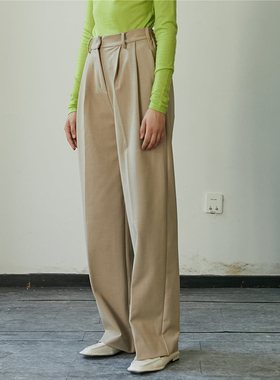 CUISUYUN独立设计师浅驼色厚版松紧腰高腰阔腿长裤百搭显腿长
