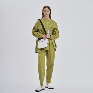 CUISUYUN独立设计师橄榄绿色立领口袋装饰廓形工装衬衫套装